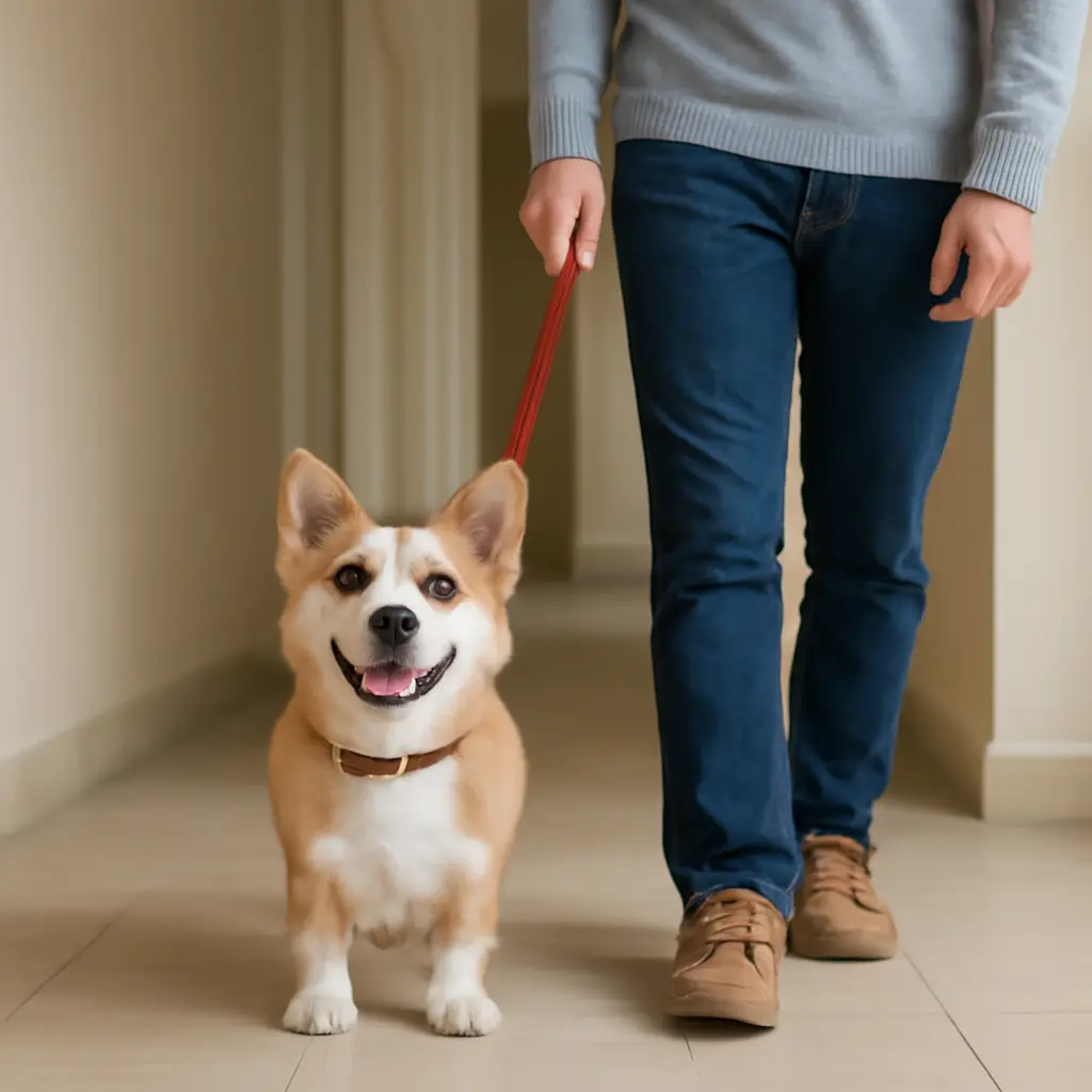 A happy corgi being walked indoors on a red lead