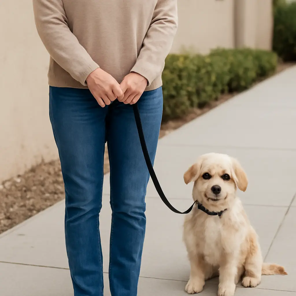 A person walking a small fluffy puppy on a lead along a quiet path