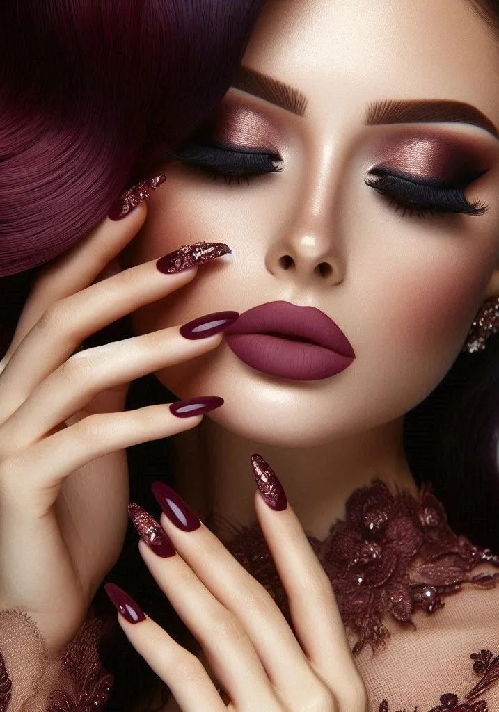 Editorial beauty look — burgundy makeup and nails at Johas Ladies Salon